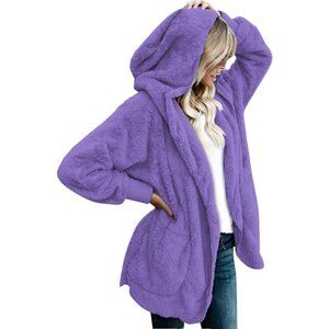 Women's Purple Open Front Sherpa Vest Jacket Coat Hooded Fleece Fuzzy Sweater